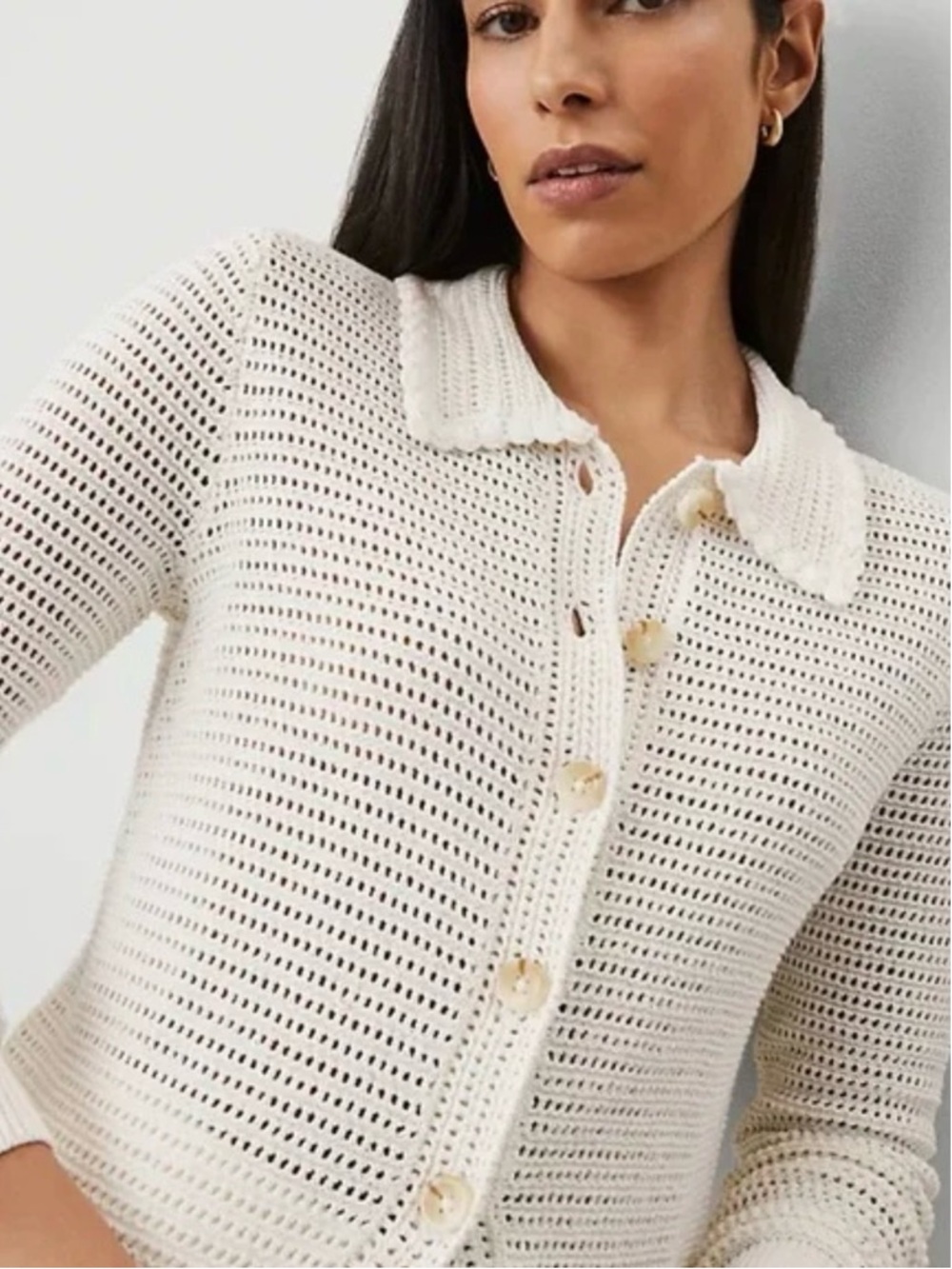 Cottagecore Eyelet Cotton Cream Button-Front Crochet Cardigan Sweater